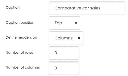 Moodle - Table settings popup